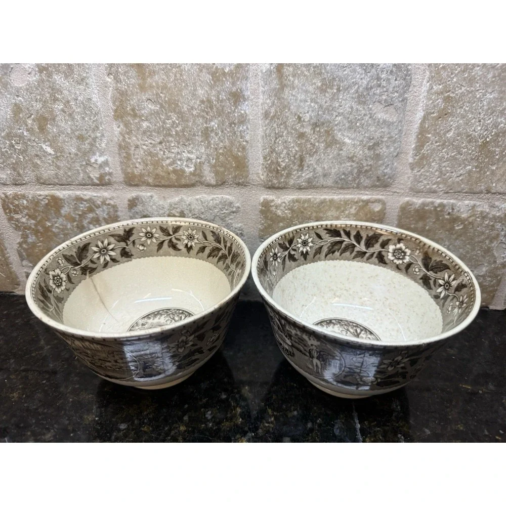 1860's Antique Villeroy & Boch Brown White Transfer Ware Slop Basin Bowl 2 Piece